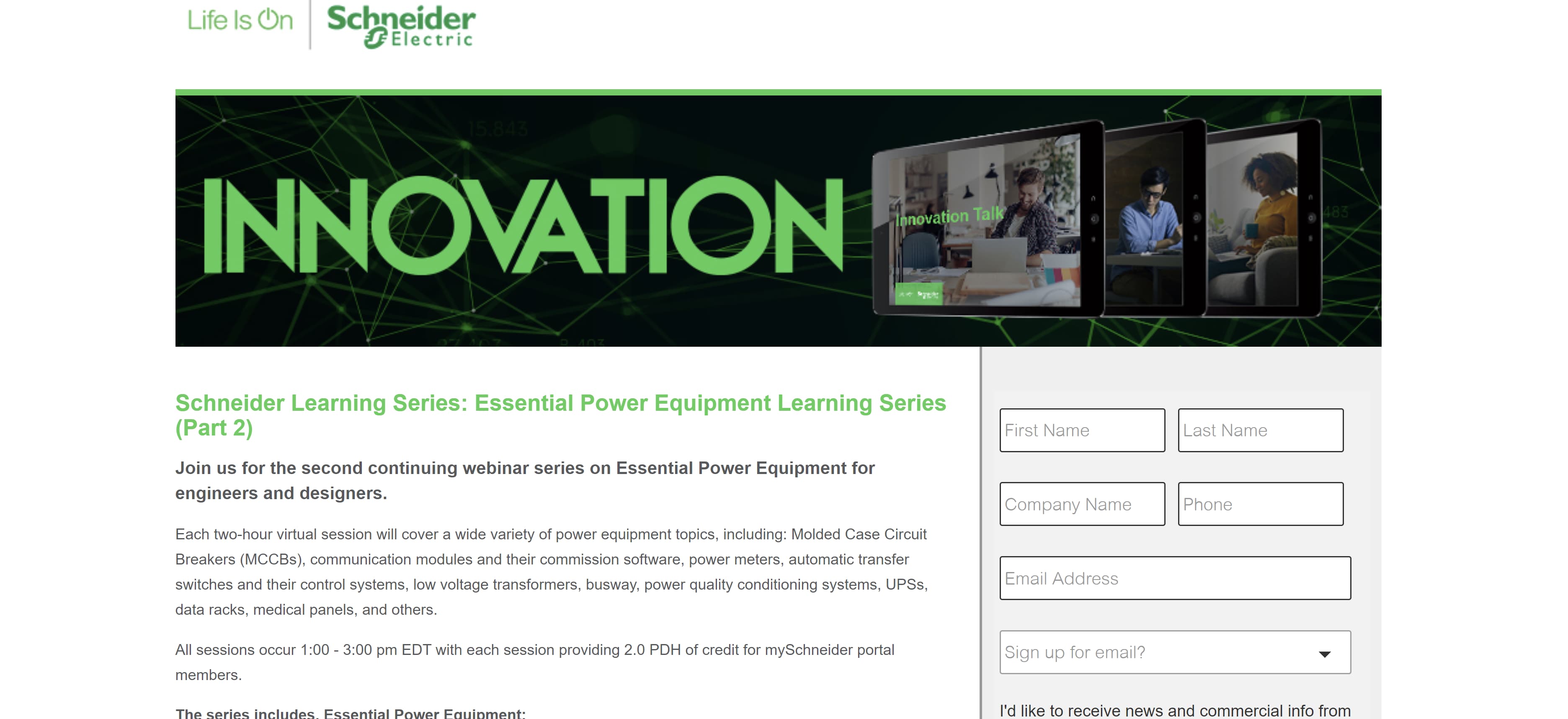 Webinar landing page example from Schneider Electric
